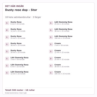 Det här ingår – Satinbandspaket – Dusty rose dop – Stor – 18 rullar