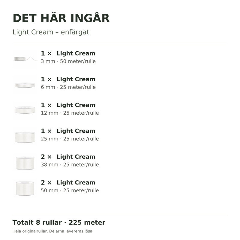 Det här ingår – Satinbandspaket – Light Cream – 8 rullar