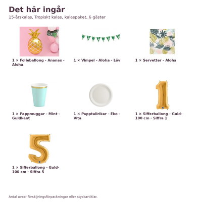 15-årskalas, Tropiskt kalas, kalaspaket, 6 gäster – innehåll och antal, sifferballong 100 cm