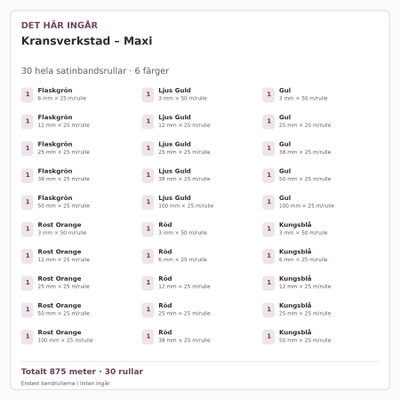 Det här ingår – Satinbandspaket – Kransverkstad – Maxi – 30 rullar