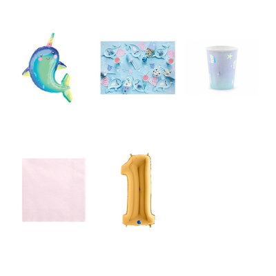 1-årskalas, Lilla havet – narval, kalaspaket, 6 gäster – paketets produkter med sifferballong 100 cm