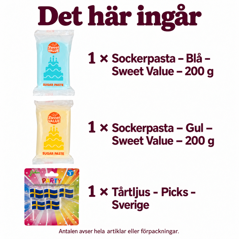 Det här ingår: en blå och en gul Sweet Value-sockerpasta 200 g samt en förpackning med fem Sverigeljus