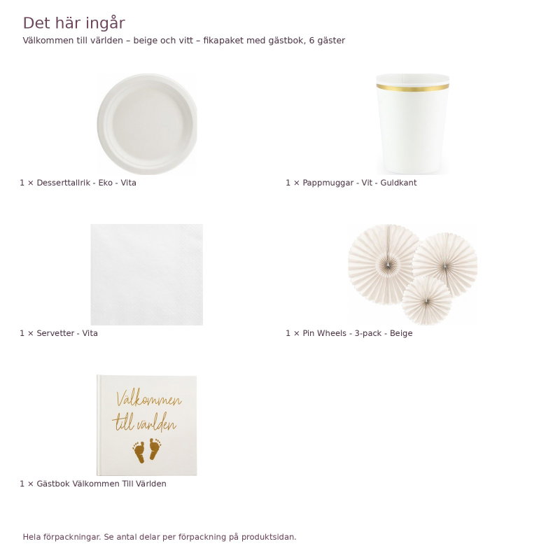 Välkommen till världen – beige och vitt – fikapaket med gästbok, 6 gäster – innehåll och antal förpackningar
