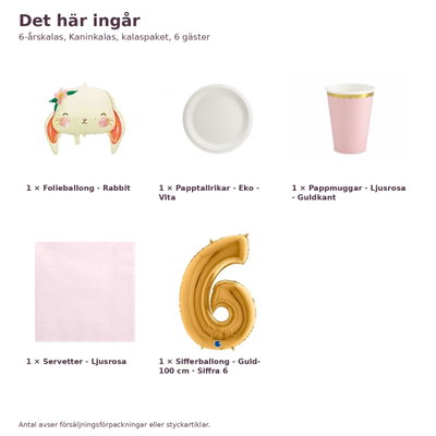 6-årskalas, Kaninkalas, kalaspaket, 6 gäster – innehåll och antal, sifferballong 100 cm