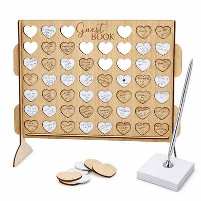 56 hjärtan med hälsningar – fyra-i-rad-gästbok och penna – paketöversikt