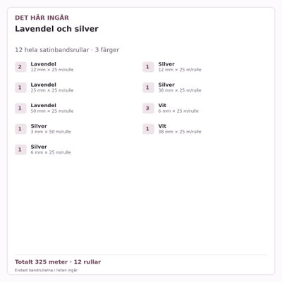 Det här ingår – Satinbandspaket – Lavendel och silver – 12 rullar