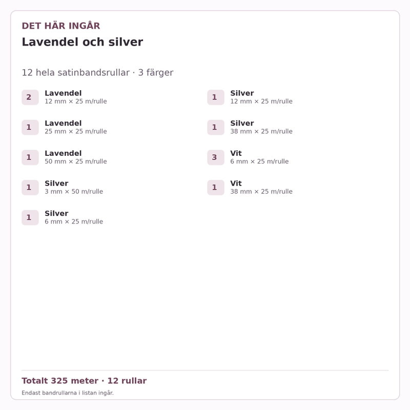 Det här ingår – Satinbandspaket – Lavendel och silver – 12 rullar