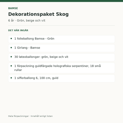 Bamse 6 år – dekorationspaket Skog – innehåll och antal