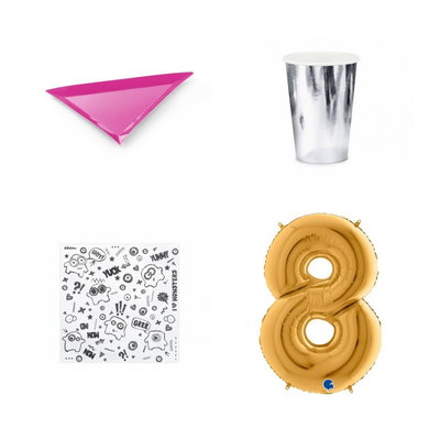 8-årskalas, Monsterkalas, kalaspaket, 6 gäster – paketets produkter med sifferballong 100 cm