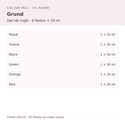 Paketinnehåll: 1 × Royal 20 ml, 1 × Yellow 20 ml, 1 × Black 20 ml, 1 × Green 20 ml, 1 × Orange 20 ml, 1 × Red 20 ml