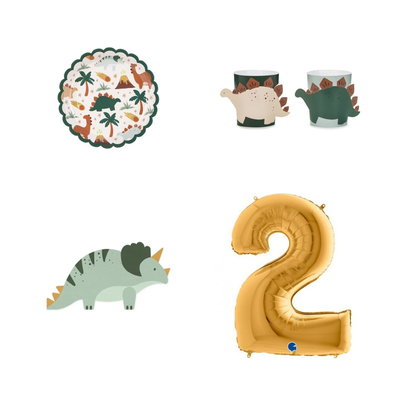 2-årskalas, Dinosauriekalas, kalaspaket, 6 gäster – paketets produkter med sifferballong 100 cm