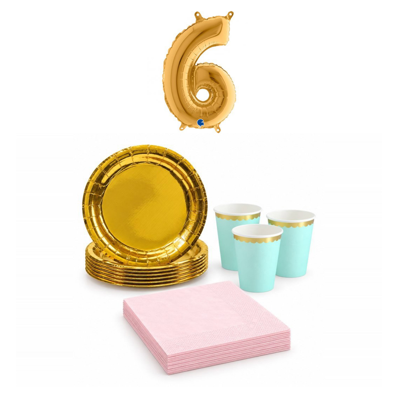 6-årskalas, Mint, rosa och guld, kalaspaket, 6 gäster – sammansatt bild av paketets produkter