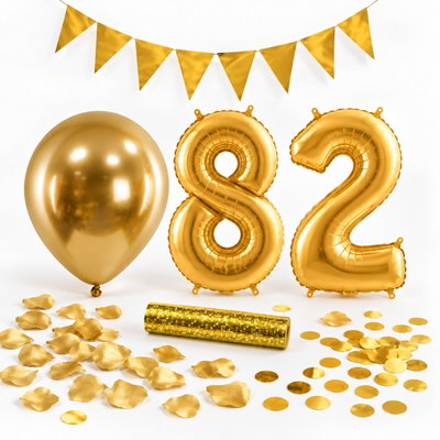 82-års festpaket, Guld, Stor – paketets dekorationer på vit bakgrund