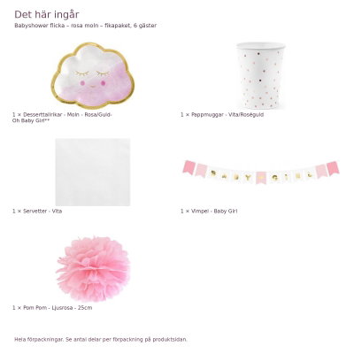 Babyshower flicka – rosa moln – fikapaket, 6 gäster – innehåll och antal förpackningar