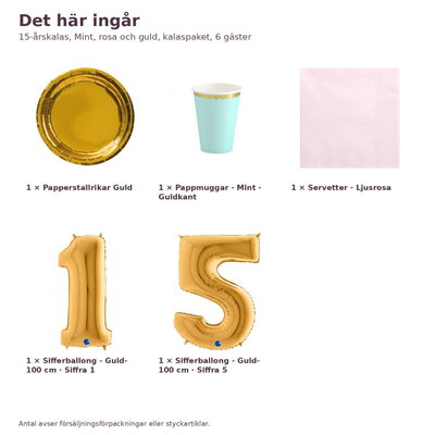 15-årskalas, Mint, rosa och guld, kalaspaket, 6 gäster – innehåll och antal, sifferballong 100 cm