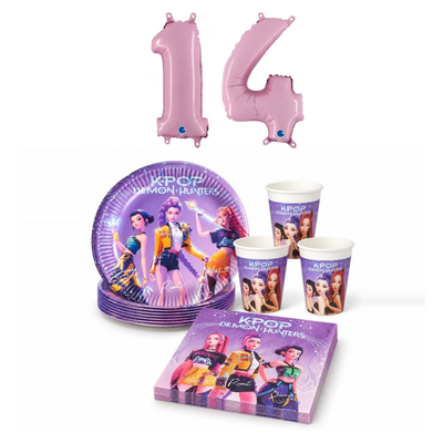 14-årskalas, K-pop, kalaspaket, 8 gäster – sammansatt bild av paketets produkter