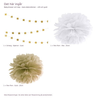 Babyshower och dop – bara dekorationer – vitt och guld – exakt innehåll och antal förpackningar