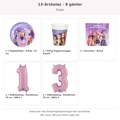 13-årskalas, K-pop, kalaspaket, 8 gäster – innehåll och antal förpackningar