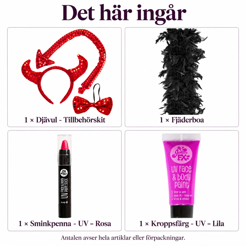 Det här ingår i Glitterdjävul – vuxenaccessoarer med svart boa och neonmarkeringar