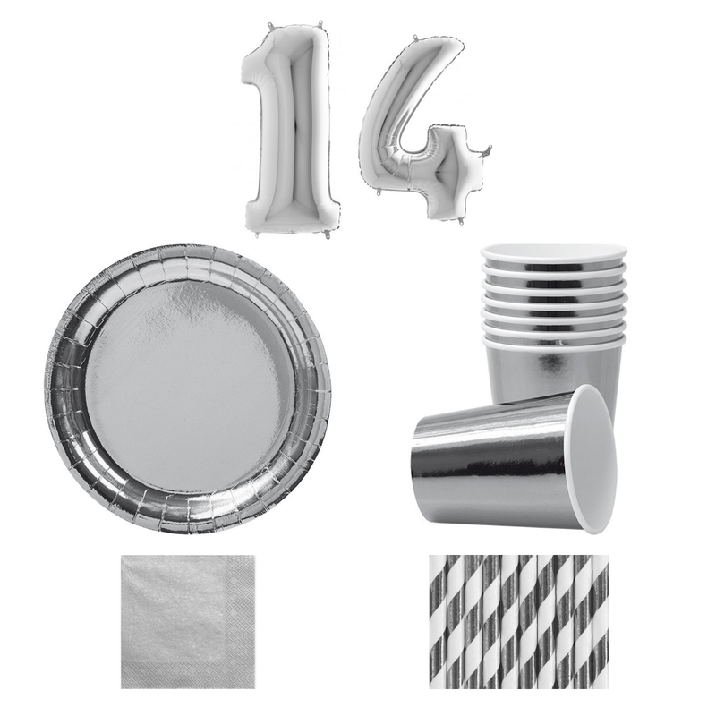 14-årskalas, Silver, kalaspaket, 8 gäster – sammansatt bild av paketets produkter