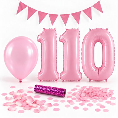 110-års festpaket, Rosa, Stor – paketets dekorationer på vit bakgrund