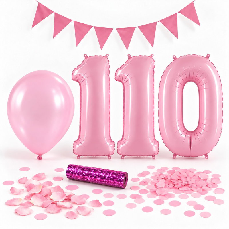 110-års festpaket, Rosa, Stor – paketets dekorationer på vit bakgrund