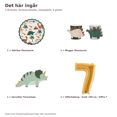 7-årskalas, Dinosauriekalas, kalaspaket, 6 gäster – innehåll och antal, sifferballong 100 cm