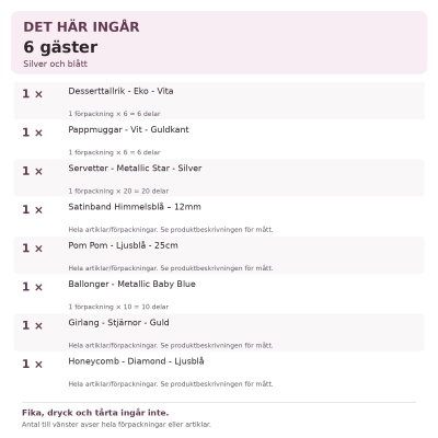 Dop pojke – silver och blått – fikadukning & dekorationer, 6 gäster – innehåll och antal