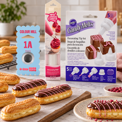 Miljöbild: Éclairverktyg – raka skal och tunna chokladlinjer