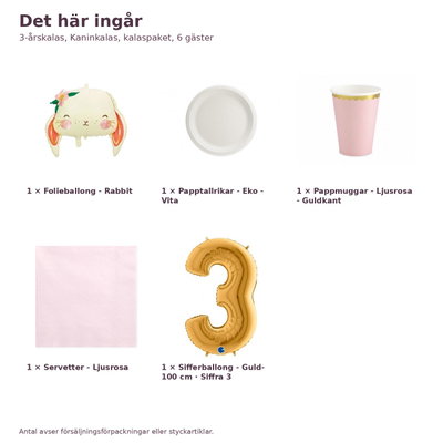 3-årskalas, Kaninkalas, kalaspaket, 6 gäster – innehåll och antal, sifferballong 100 cm