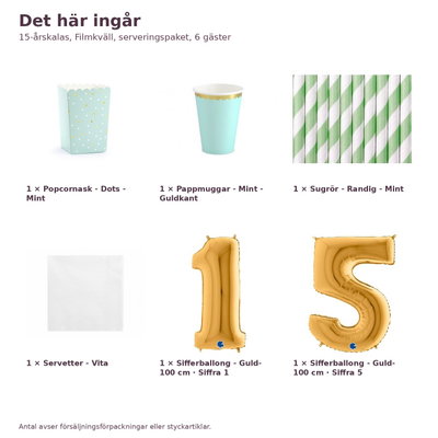 15-årskalas, Filmkväll, serveringspaket, 6 gäster – innehåll och antal, sifferballong 100 cm