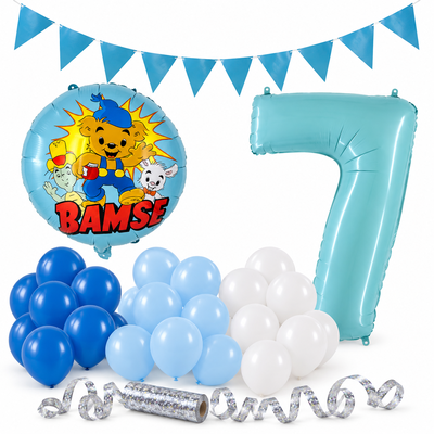 Bamse 7 år – dekorationspaket Blå – paketets produkter