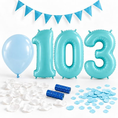 103-års festpaket, Blått, Stor – paketets dekorationer på vit bakgrund