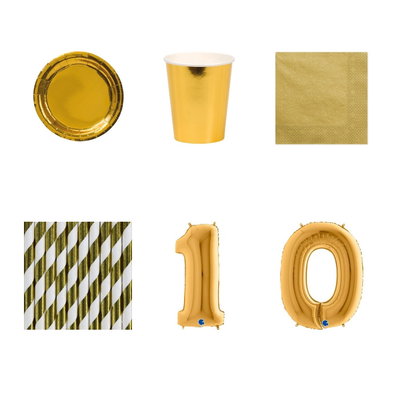 10-årskalas, Guld, kalaspaket, 8 gäster – paketets produkter med sifferballong 100 cm