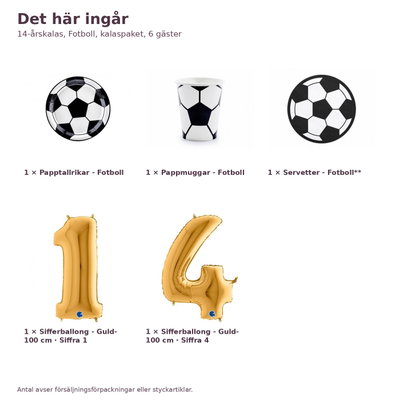 14-årskalas, Fotboll, kalaspaket, 6 gäster – innehåll och antal, sifferballong 100 cm