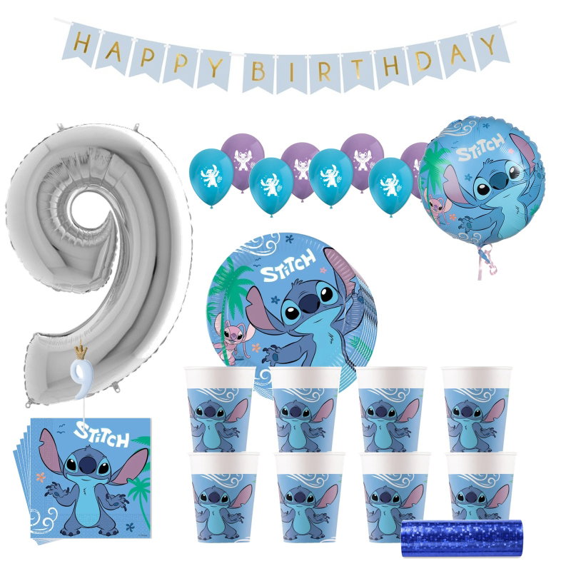 Stitch & Angel – 9-årskalas – kalaspaket för 8 gäster – paketets produkter