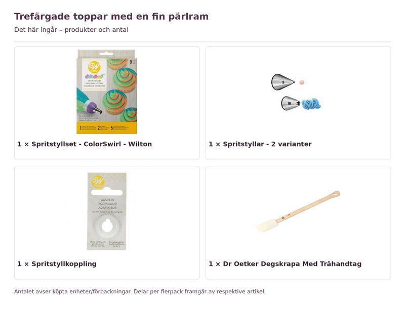 Trefärgade toppar med en fin pärlram – innehåll och antal förpackningar