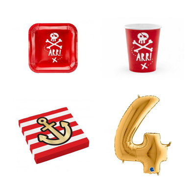 4-årskalas, Piratkalas, kalaspaket, 6 gäster – paketets produkter med sifferballong 100 cm