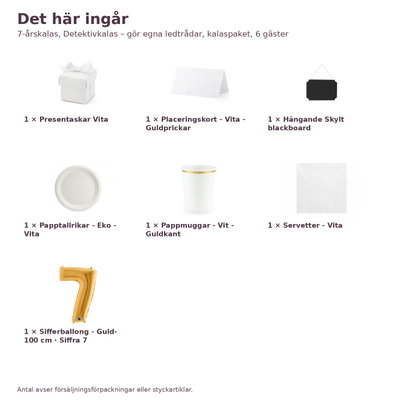 7-årskalas, Detektivkalas – gör egna ledtrådar, kalaspaket, 6 gäster – innehåll och antal, sifferballong 100 cm