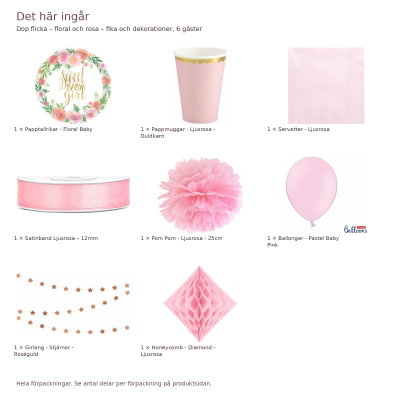 Dop flicka – floral och rosa – fika och dekorationer, 6 gäster – innehåll och antal förpackningar