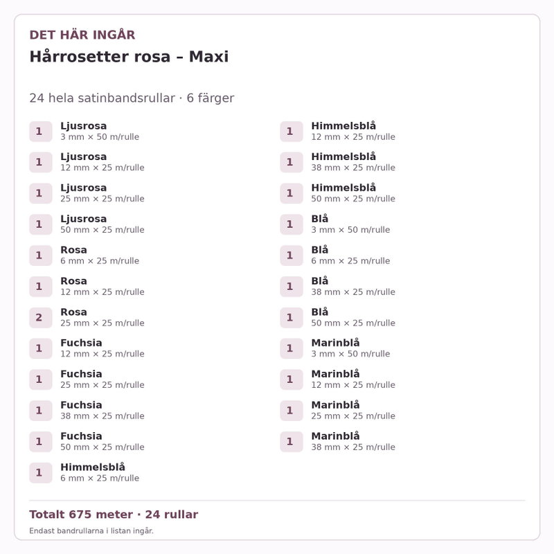 Det här ingår – Satinbandspaket – Hårrosetter rosa – Maxi – 24 rullar