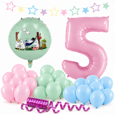 Mumin 5 år – dekorationspaket Pastell – paketets produkter
