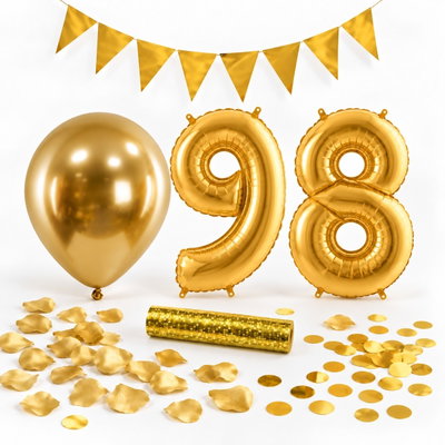 98-års festpaket, Guld, Stor – paketets dekorationer på vit bakgrund