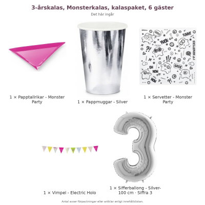 3-årskalas, Monsterkalas, kalaspaket, 6 gäster – innehåll och antal förpackningar