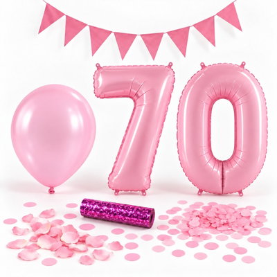 70-års festpaket, Rosa, Stor – paketets dekorationer på vit bakgrund