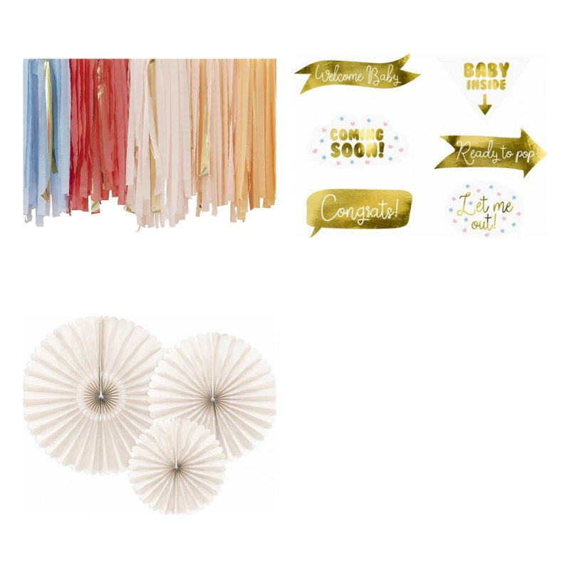 Babyshower – fotohörna – pastell och guld – paketets produkter