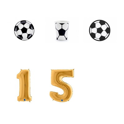 15-årskalas, Fotboll, kalaspaket, 6 gäster – paketets produkter med sifferballong 100 cm