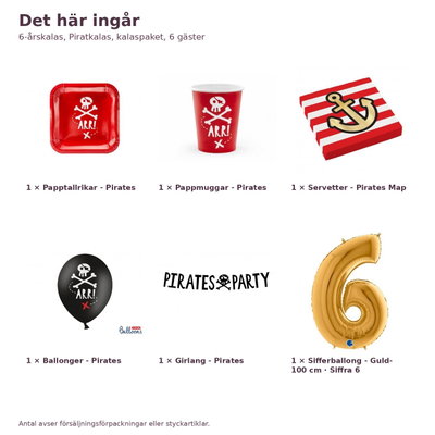 6-årskalas, Piratkalas, kalaspaket, 6 gäster – innehåll och antal, sifferballong 100 cm