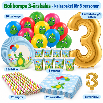 Bolibompa 3-årskalas – kalaspaket för 8 personer – paketets innehåll och antal
