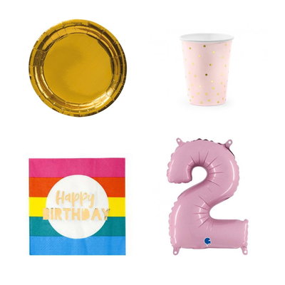 2-årskalas, Regnbågskalas, kalaspaket, 6 gäster – paketets produkter med sifferballong 100 cm